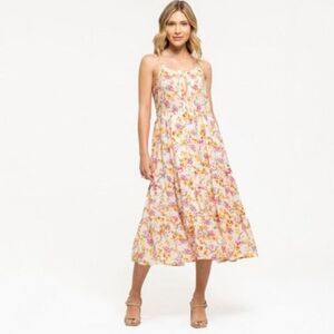 August Sky | Orange & White Floral Sleeveless Tiered Midi Dress - Women size S